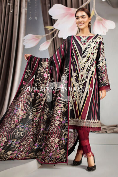41907022?Lawn & Silk Chiffon - Maroon Digital Printed Embroidered 3PC