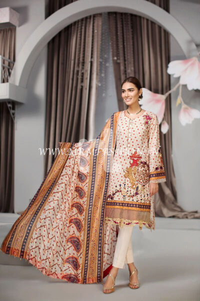 41907027?Lawn & Silk Chiffon - Beige Digital Printed Embroidered 3PC