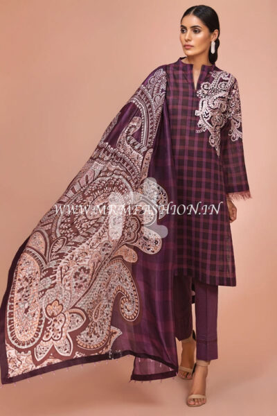 41907501-Silk Chiffon, Slub Lawn & Cambric - Maroon Digital Printed Embroidered 3PC