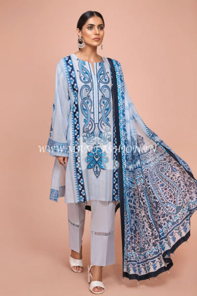 41907502-Silk Chiffon, Slub Lawn & Cambric - Blue Digital Printed Embroidered 3PC