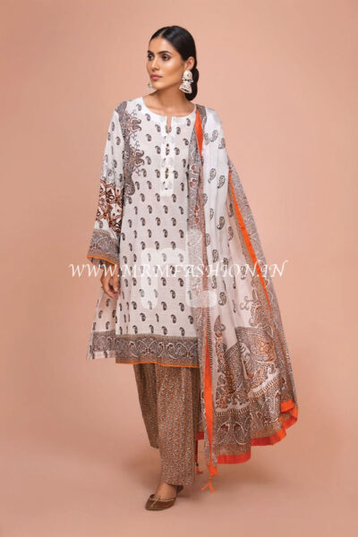 41907503-Silk Chiffon, Slub Lawn & Cambric ? Off White Digital Printed Embroidered 3PC