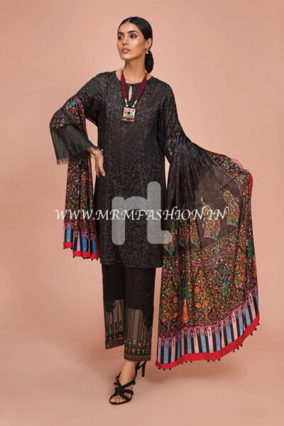 41907504-Silk Chiffon, Slub Lawn & Cambric ? Black Digital Printed Embroidered 3PC