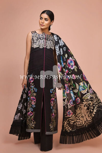 41907505-Silk Chiffon, Slub Lawn & Cambric ? Black Digital Printed Embroidered 3PC