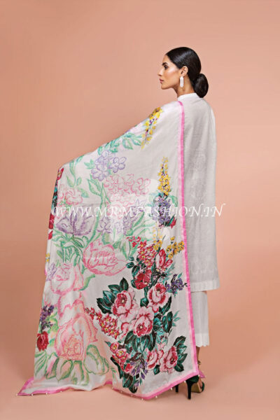 41907509-Silk Chiffon, Slub Lawn & Cambric ? White Digital Printed Embroidered 3PC - Image 2