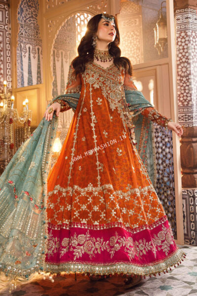 Maria B Mbroidered Wedding ' 23 | D6 Burnt Orange, Fuchsia Pink - Image 2