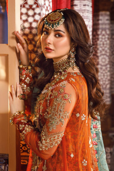 Maria B Mbroidered Wedding ' 23 | D6 Burnt Orange, Fuchsia Pink - Image 3