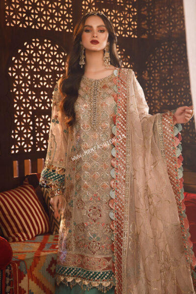 Maria B Mbroidered Wedding ' 23 | D7 Off White with Sea Green - Image 2