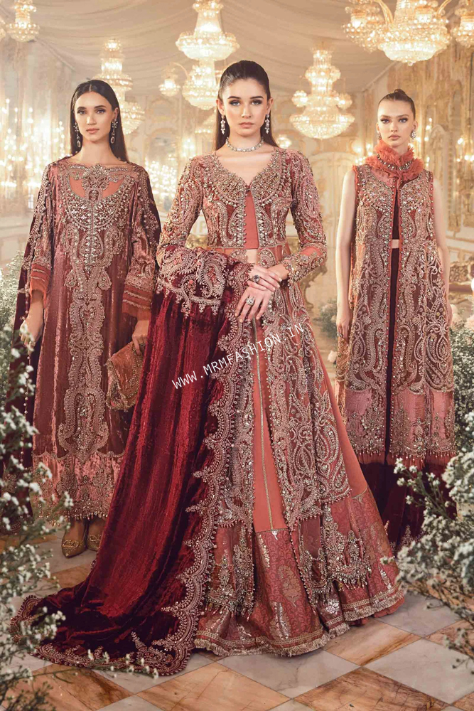 Maria B Mbroidered Wedding Formals 2023 Salmon Pink BD 2701 Mrm Fashion